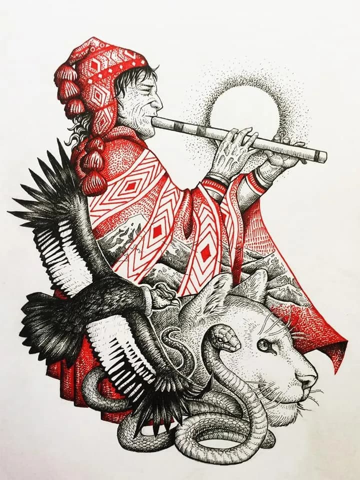 Ink illustration of an Andean musician with the condor, puma and serpent